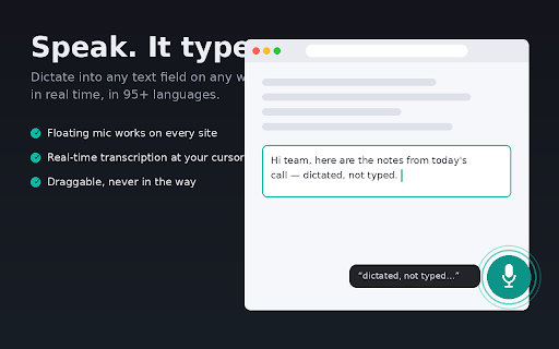 VoiceType — Speech to Text Anywhere :: Dictate into any text field on any website. Floating mic widget, real-time transcription, 70+ languages.