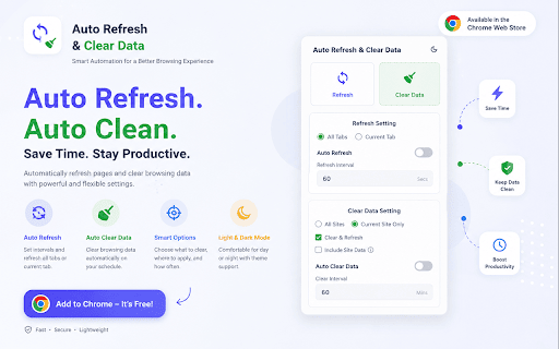 Auto Refresh & Clear Data - Tab Reloader :: Automatically reload tabs (Hard Refresh) and clear cache/cookies on a set interval. Protect privacy and boost performance.