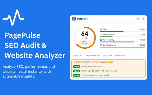 PagePulse – SEO Audit, Performance & Website Analyzer :: Audit any website for SEO, Performance, Accessibility & Best Practices. Score out of 100 with fixes, history, and SEO X-Ray.