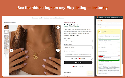 Etsy Edge — See Hidden Tags & Fix Outdated SEO :: See hidden tags on any Etsy listing, find what top sellers actually rank for, and fix your SEO in minutes. Free A-F grade.