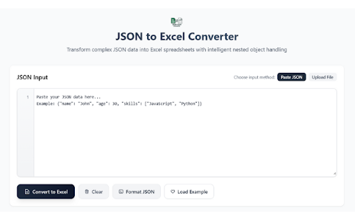 JSON to Excel Converter :: Paste JSON and download it as an Excel file from your browser toolbar.