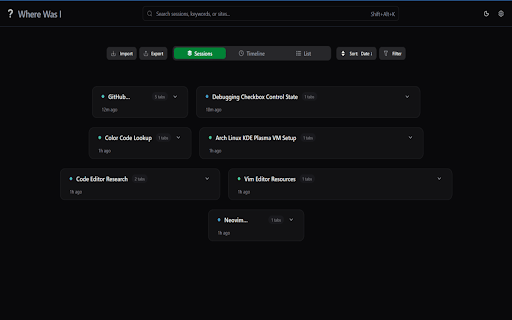 Where Was I :: A Chrome extension that remembers your sessions by capturing tabs, grouping them into sessions, with AI-powered summaries.