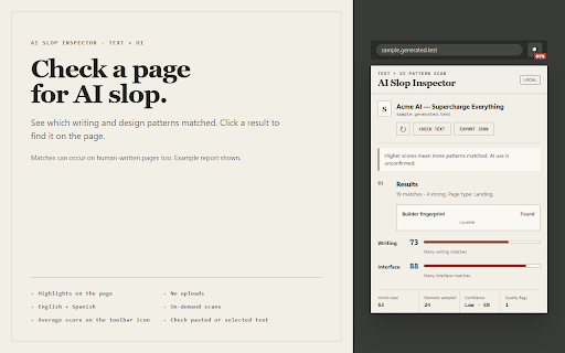 AI Slop Inspector :: Check webpages for common AI writing and design patterns. Click a match to find it on the page. Scans stay in your browser.