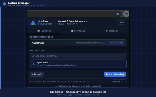 Acefone Debug Logger :: Acefone internal tool: captures console logs, API failures and WebSocket disconnections for cloud telephony debugging.