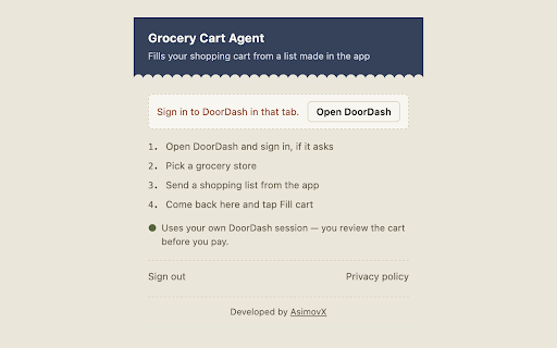 Grocery Cart Agent :: Fills your shopping cart from a list made in the Grocery Cart Agent app. Never checks out — you always review before paying.