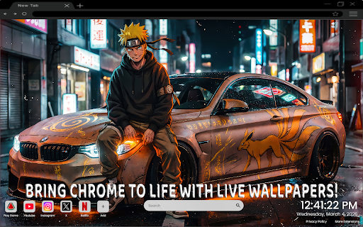 BMW M4 Naruto Uzumaki Live Wallpaper :: One of the most epic anime car live wallpapers for Chrome – featuring Naruto Uzumaki with BMW M4 power.
