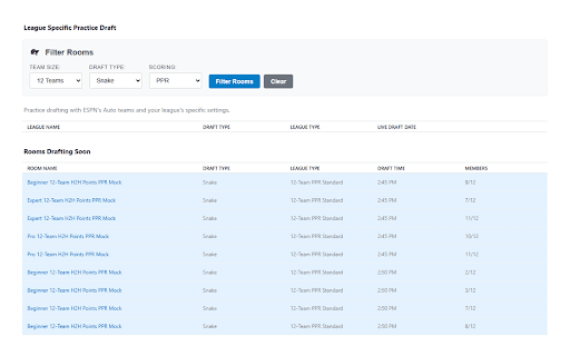 ESPN Mock Draft Finder :: Filter ESPN fantasy mock draft lobbies. Instantly find mock draft rooms that match your league. Stop scrolling, start drafting.