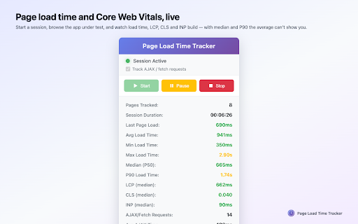 Page Load Time Tracker – Web Vitals Monitor :: Measure page load time and Core Web Vitals (LCP, CLS, INP) across a browsing session, then export CSV or Markdown reports for QA.