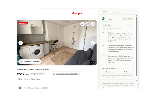 RadarLoc :: Couche de confiance sur les annonces de location : score de risque d'arnaque + raisons. Jamais de verdict binaire.