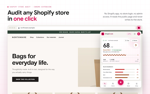 ShopGrade: Store Audit & SEO Checker for Shopify :: Audit public Shopify stores for speed, SEO, trust and conversion. Get a graded score, the evidence and the fixes to make first.
