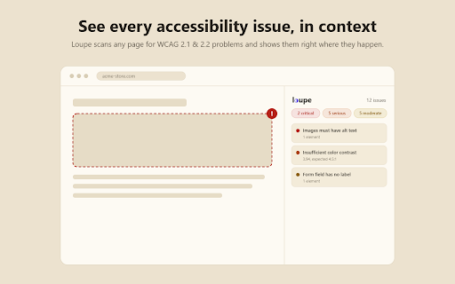 Loupe — WCAG Accessibility Checker :: Free WCAG accessibility checker. Scan any page for contrast, alt-text, ARIA & label issues in plain English, with client reports.