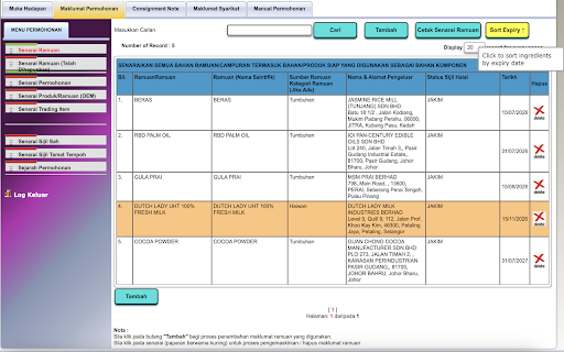 eHalal Expiry Sorter :: Sorts ingredients by expiry date and highlights items needing attention on the MyEhalal portal.