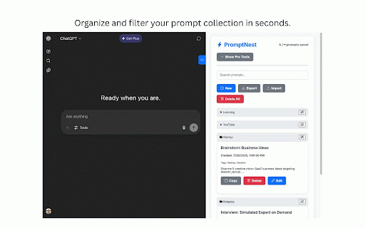 PromptNest: AI Prompt Manager for ChatGPT, Gemini, Claude & Copilot :: Stop retyping prompts. Save, organize & insert AI prompts in one click — with fill-in {variables}, folders, chains & search.