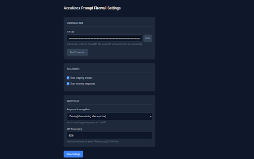 AccuKnox Prompt Firewall :: Scans AI assistant prompts and responses through AccuKnox Prompt Firewall for security and compliance