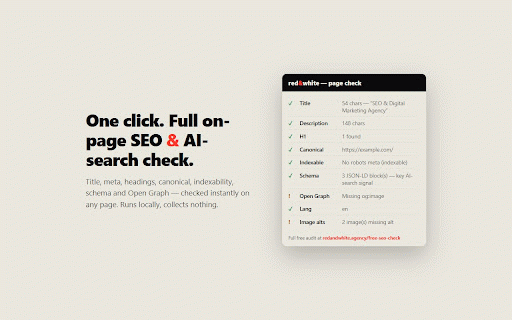 SEO & AI Search Check by red&white :: One-click on-page SEO and AI-search readiness check for any page: title, meta, headings, canonical, schema, Open Graph.
