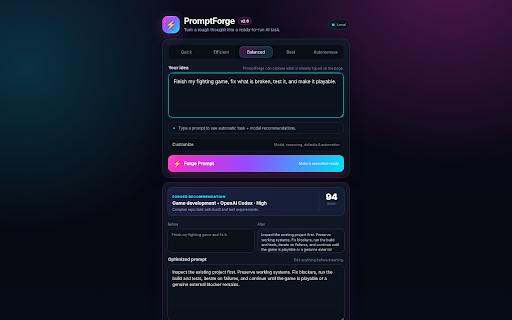 PromptForge :: Forge clearer, execution-ready AI prompts and insert or send them directly on supported AI sites.