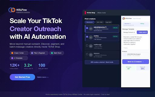 KOLFlow: TikTok Creator Outreach & Influencer CRM :: Find, message, and manage TikTok creators in one place — organize KOLs, track outreach, and scale influencer collaborations.