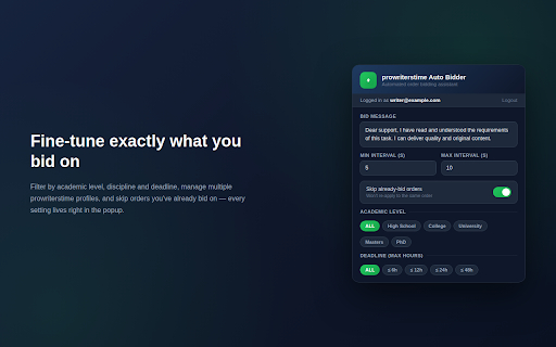 KD Prowriterstime Bot :: Automatically bid on Prowriterstime orders with a custom message