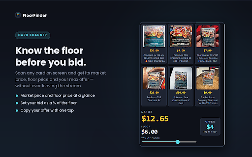 FloorFinder - Live Card Scanner for Sports & Trading Cards :: Identify trading cards on any live stream and instantly see market price, grade breakdown, and your target buy price.