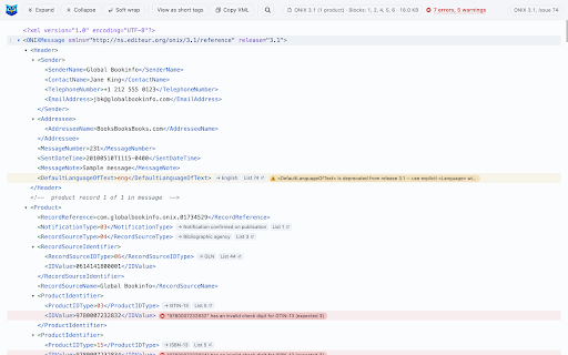 ONIX Viewer :: Readable ONIX XML in Chrome: collapsible tree, product summaries, inline EDItEUR code-list labels and automatic validation.