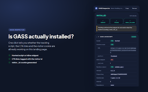 GASS Landing Page Inspector :: Detect GASS tracking install (JS, CTA link, visitor_id) plus Meta/TikTok pixels and page tech.
