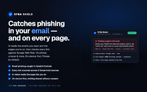 SYBA Cybersecurity Agent :: AI cybersecurity concierge. Watches your tab for phishing, brand impersonation, and malicious links. Streaming chat agent.