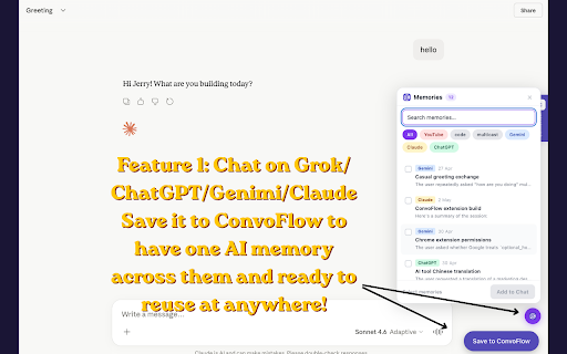 ConvoFlow AI Memory Brain & Workflow Agent :: Capture AI chats & Inject context when you need! Broadcast to multiple AIs, track decisions, and block ads—all stored privately!