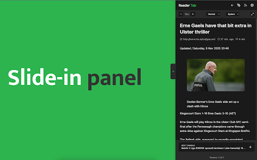 Reader Tab :: Modern RSS feed reader with a sleek slide-in panel. Stay updated with your favorite news, blogs, and websites all in one place.