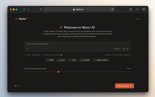 Meter AI — Claude Usage Tracker :: Privacy-first usage tracker and chat bridge for Claude.ai. Track session limits and handoff conversations locally.