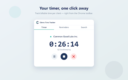 Clerra Time Tracker :: Track time per client, see upcoming filing reminders, and quick-search clients. Syncs with Clerra.
