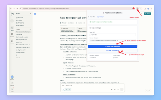Perplexity to obsidian - Batch Export :: Bulk Export all your PerlexityAI conversations to markdown files with one click