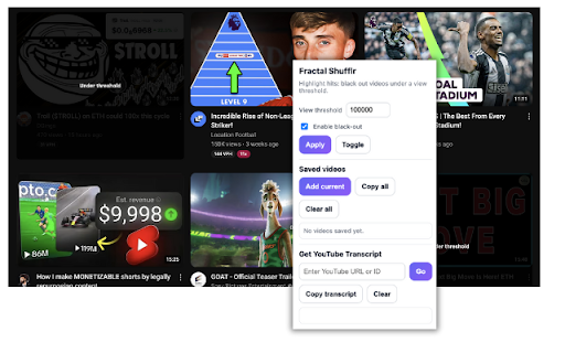 Fractal Video Shufflr YouTube Extension :: Black out YouTube videos under 100k views to help you spot hits to recreate.