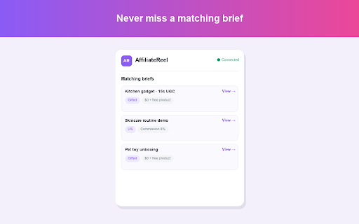 AffiliateReel for Influencers :: Find Amazon Creator Connections & commission %, grab affiliate links, and accept campaigns in one click. Your Amazon copilot.