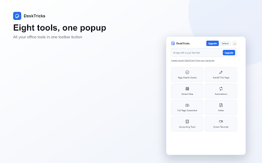 DeskTricks :: Eight office tools, one toolbar. Runs locally, your data stays on your device; only a license check ever leaves it.