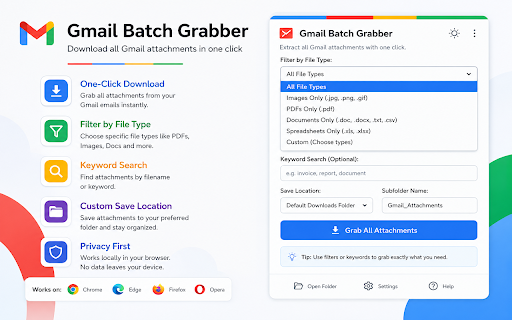 Gmail Attachment Downloader (Bulk Download & Filter) :: Download Gmail attachments in bulk. Filter by file type or keyword and save files instantly—no zip files needed.