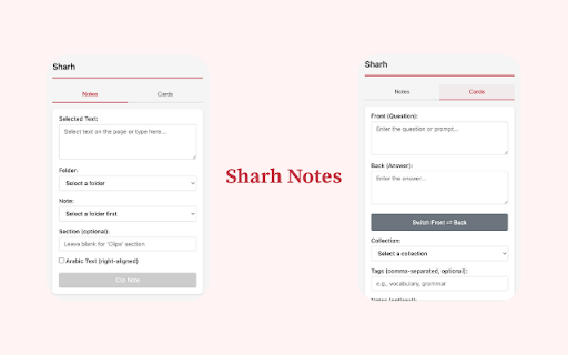 Sharh Notes :: Clip text and create flashcards from any webpage to your Sharh notes with spaced repetition
