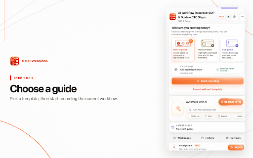 AI Workflow Recorder: SOP & Guide – CTC Steps :: Record browser workflows, edit visual SOPs and guides, and create clear results with reviewable Automate with AI plans.