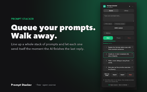 Prompt Stacker — ChatGPT, Claude, Gemini & more :: Queue prompts and auto-send the next when the AI finishes replying. Works on ChatGPT, Claude, Gemini & DeepSeek.