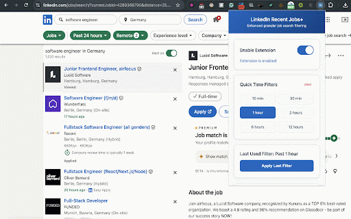 LinkedIn Enhanced Time Filters :: Add fine-grained time filters (10m, 30m, 1h, 2h, 6h, 12h) to LinkedIn Jobs search.