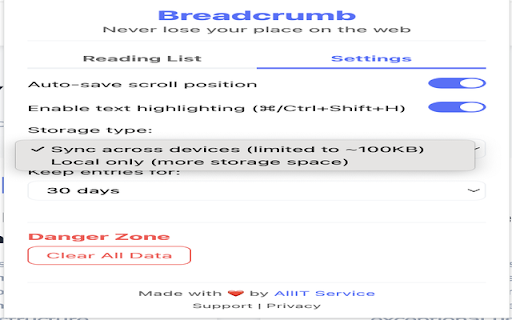 Breadcrumb :: Never lose your place on the Web. Automatically saves your scroll position and highlights across all websites.