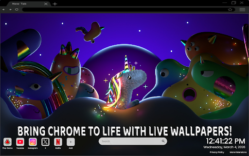 Rainbow Unicorn Magic Night Live Wallpaper :: One of the most epic fantasy live wallpapers for Chrome – featuring a magical rainbow unicorn night scene.