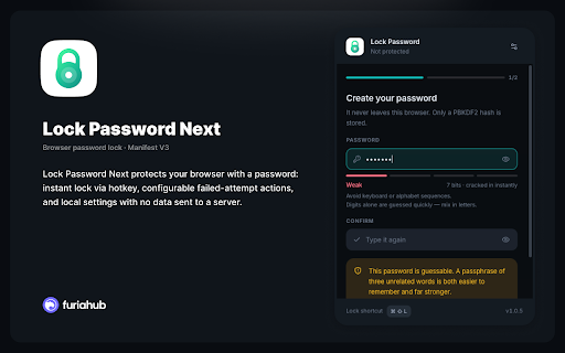 Lock Password Next :: Password-lock your browser session. Hotkey and idle auto-lock, per-site scope, recovery codes and a local audit trail.