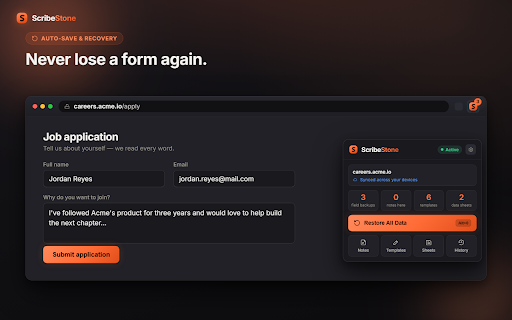 ScribeStone - Form Recovery, Autofill & Notes :: Auto save & recover lost form data. Form filler with data sheets, autofill templates, sticky notes & cloud sync on any website.