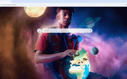 Lamine Yamal Galaxy Live Wallpaper :: Barcelona wonderkid Lamine Yamal holding illuminated Earth globe against cosmic backdrop with planets and nebulae.