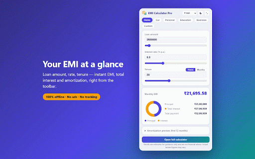EMI Calculator Pro :: Calculate loan EMIs, amortization schedules, prepayment savings and loan comparisons — fully offline, no ads, no tracking.