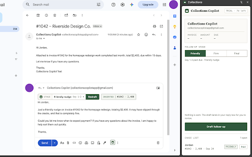 Collections Copilot - Overdue Invoice & Payment Reminders for Gmail :: Overdue invoice and payment reminder emails, drafted inside Gmail. Friendly, firm, or final notice, written from the thread.