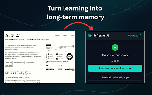 Refresher AI :: Save the current page to Refresher AI and quiz yourself from Chrome's side panel.