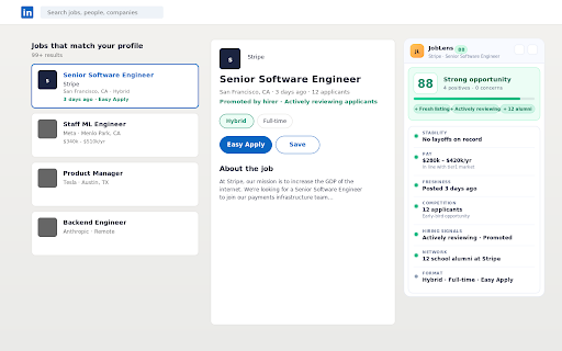 JobLens — LinkedIn Truth Overlay :: A 0–100 score on every LinkedIn job: real comp, layoff history, posting age, competition, hiring intent. 100% on-device.