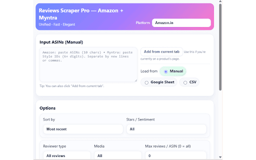 Reviews Scraper Pro — Amazon + Myntra :: ### What it does:
Collects publicly visible product reviews from Amazon.in and Myntra and exports a neatly formatted Excel (.xlsx)…