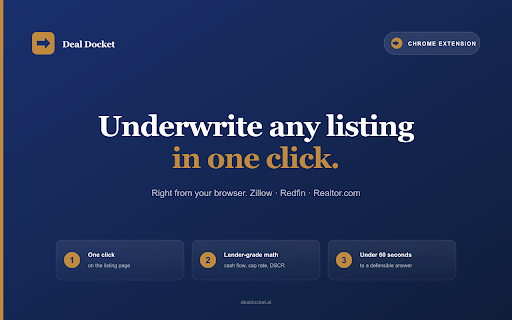 Deal Docket - Underwrite any listing :: Underwrite any Zillow, Redfin, or Realtor.com listing in one click - cash flow, BRRRR scoring, lender metrics.